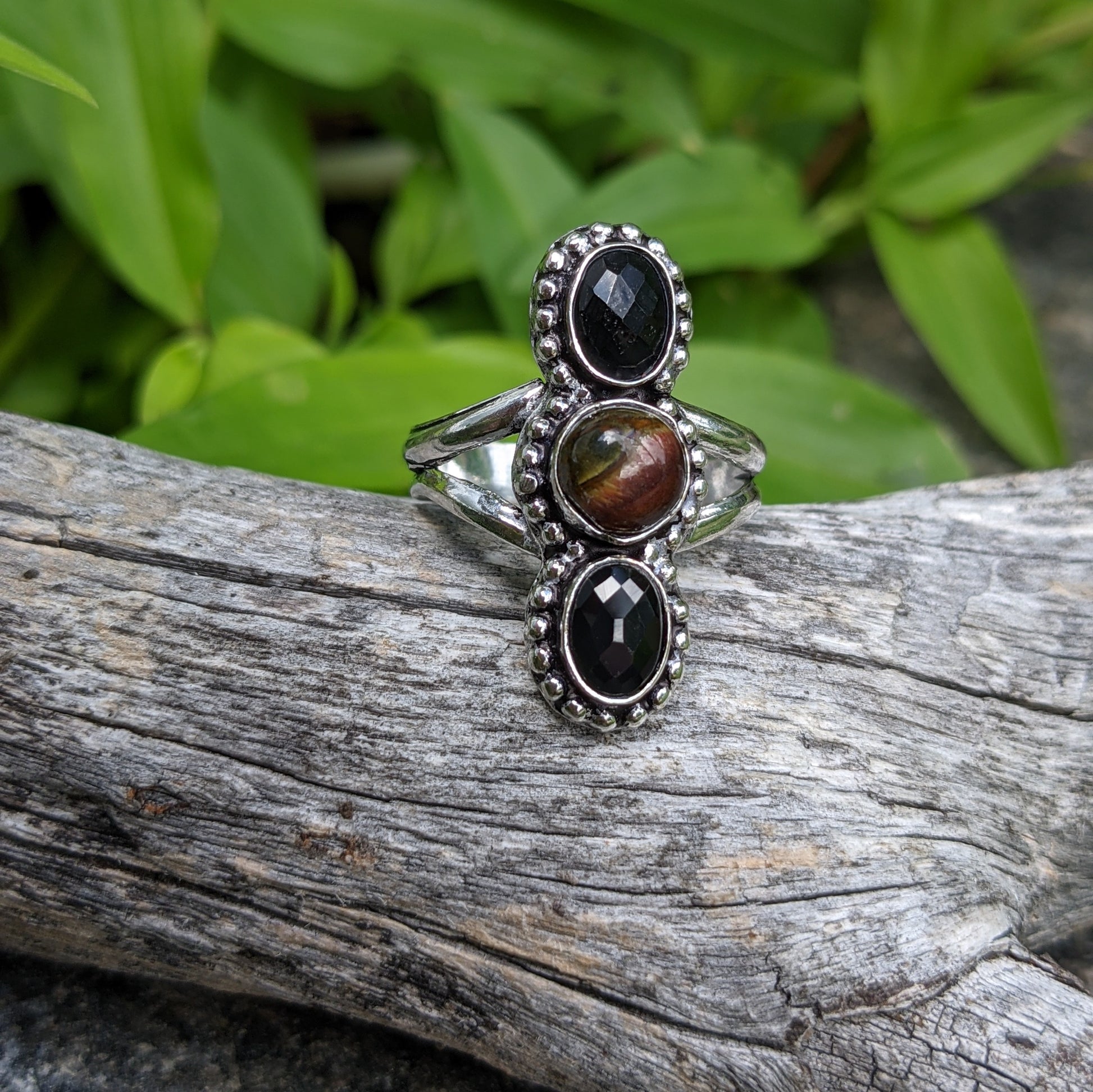 RAINBOW TIGEREYE AND FACETED ONYX TRIPLE STONE RING IN STERLING SILVER-RINGS-Jipsi Junk-JipsiJunk