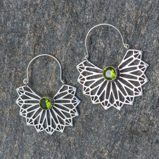 SILVER SACRED GEOMETRY FILIGREE EARRINGS WITH PERIDOT GEMSTONES-EARRINGS-Jipsi Junk-JipsiJunk