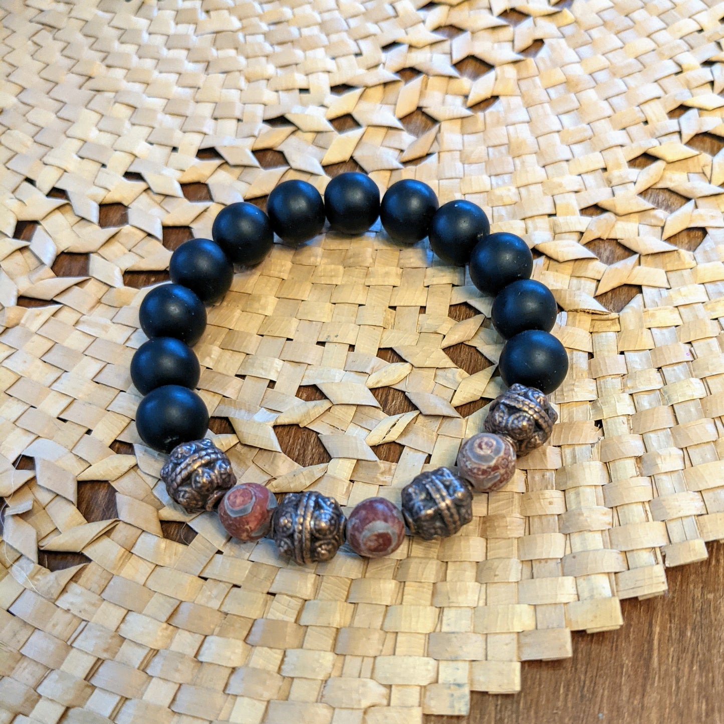 TRIBAL BRACELET WITH DZI AGATE AND MATTE GLASS-BRACELETS-Jipsi Junk-JipsiJunk
