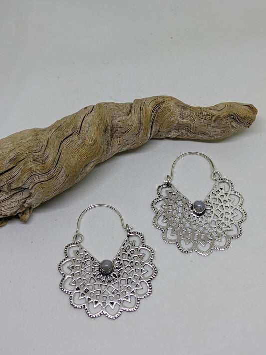 SILVER FILIGREE MANDALA EARRINGS WITH MOONSTONE-EARRINGS-Jipsi Junk-JipsiJunk