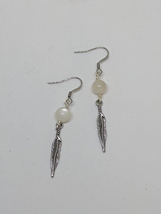 GRADE A MOONSTONE AND FEATHER DROP EARRINGS-EARRINGS-JipsiJunk-JipsiJunk