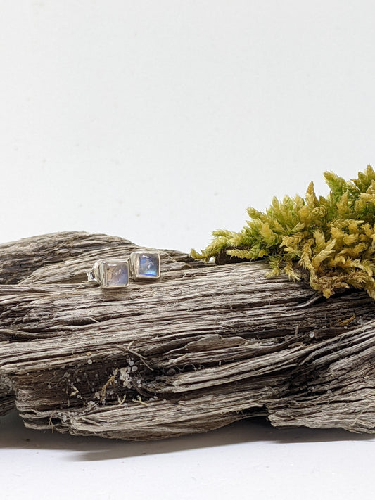 RAINBOW MOONSTONE SQUARE STUDS IN STERLING SILVER-Jewelry-JipsiJunk-JipsiJunk