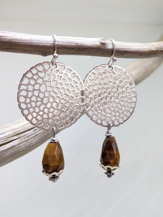 TIGEREYE TEARDROP AND RECLAIMED COIN EARRINGS-EARRINGS-Jipsi Junk-JipsiJunk