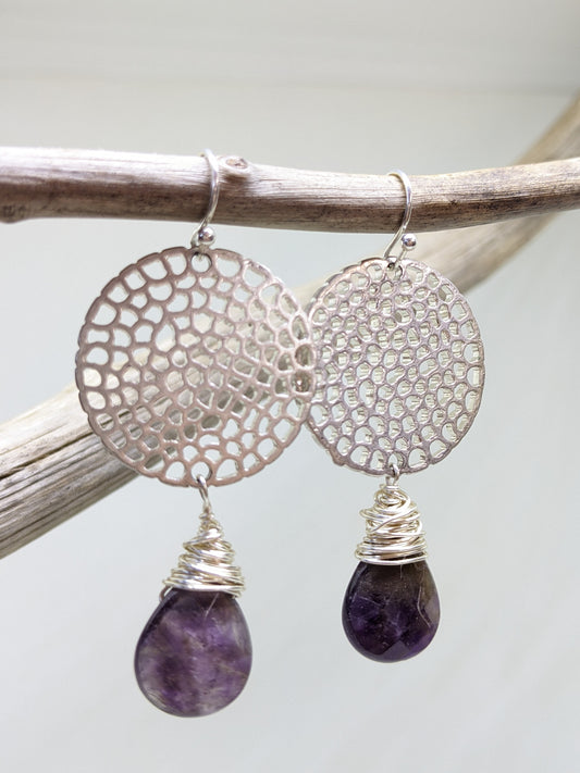 HAND WRAPPED AMETHYST BRIOLETTE EARRINGS-EARRINGS-Jipsi Junk-JipsiJunk