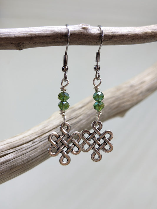 LUCKY CELTIC KNOT AND GREEN CRYSTAL EARRINGS-EARRINGS-JipsiJunk-JipsiJunk