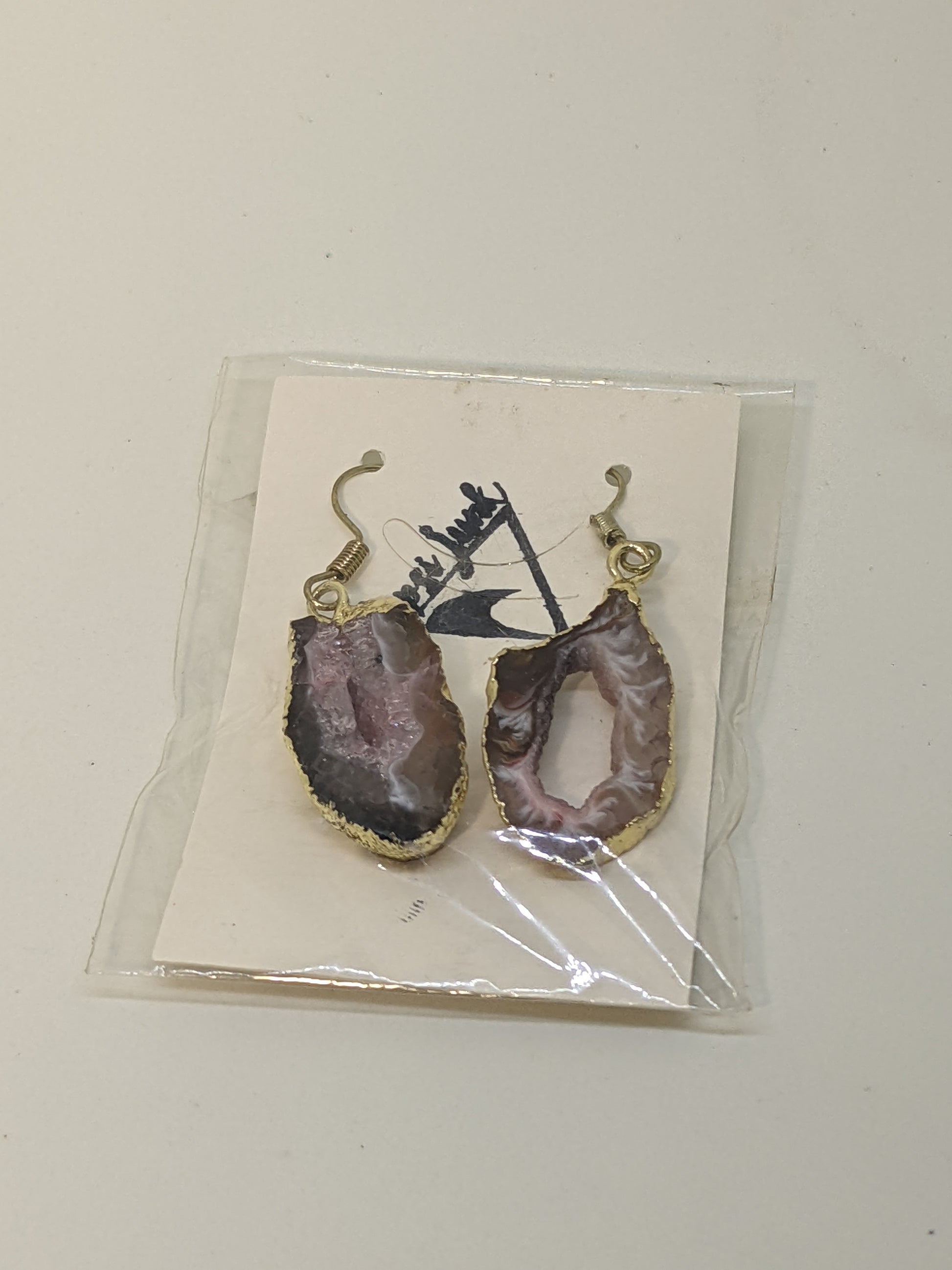 BLACK, WHITE AND PINK DRUZY AGATE SLICE EARRINGS-EARRINGS-Jipsi Junk-JipsiJunk