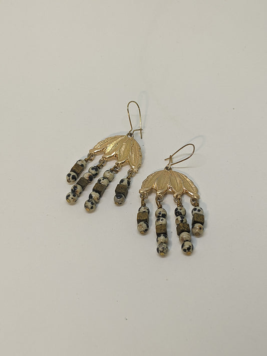 VINTAGE FEATHER EARRINGS WITH DALMATIAN JASPER AND WOOD-EARRINGS-Jipsi Junk-JipsiJunk