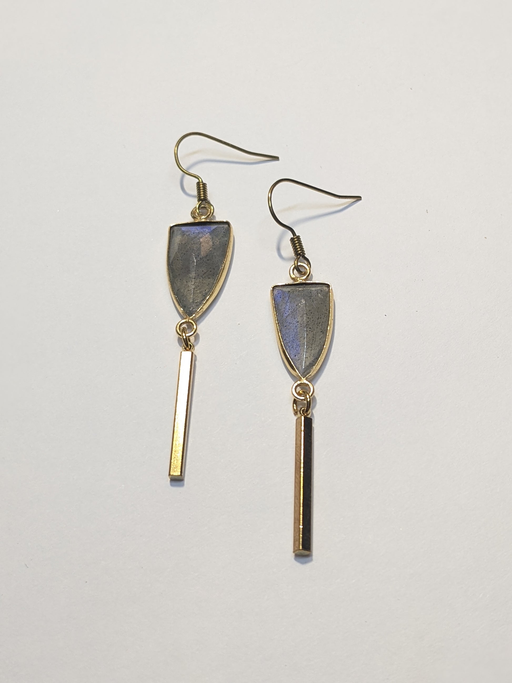 LABRADORITE SHIELD EARRINGS WITH DANGLING BATON-EARRINGS-Jipsi Junk-JipsiJunk