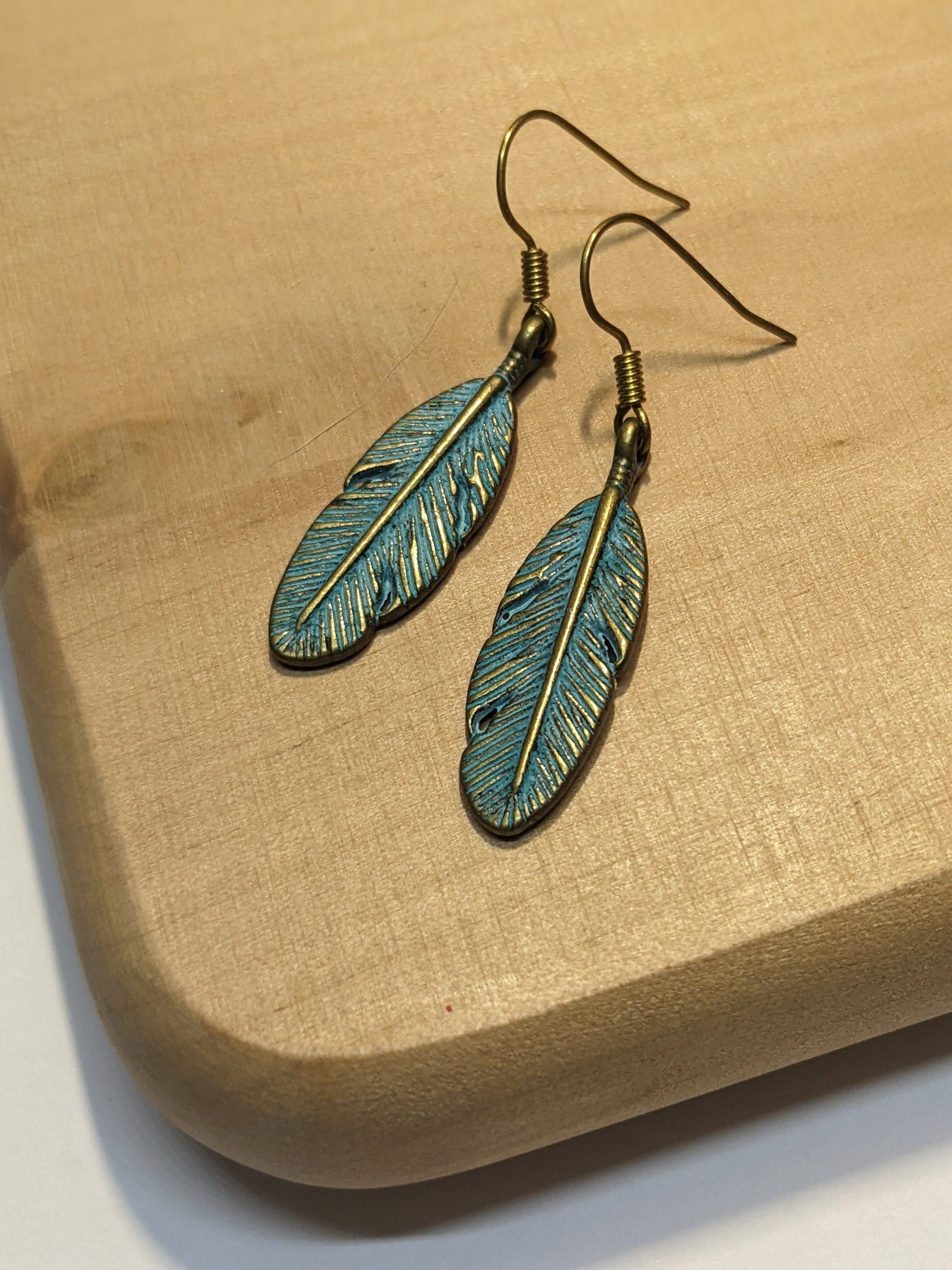 BLUE PATINA BRONZE BOHO FEATHER EARRINGS-Earrings-JipsiJunk-JipsiJunk