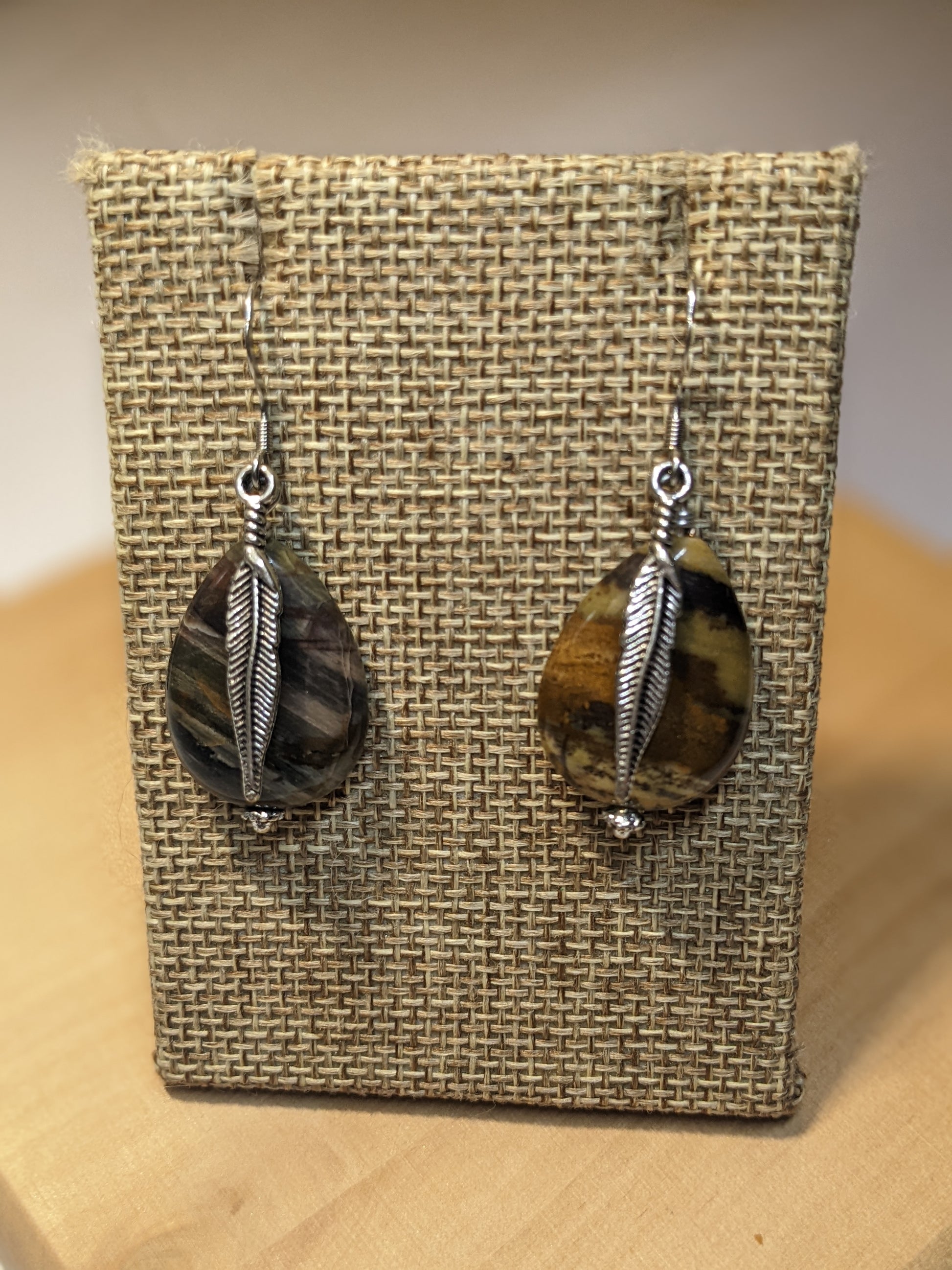 PETRIFIED WOOD JASPER TEARDROP FEATHER EARRINGS-earrings-Jipsi Junk-JipsiJunk