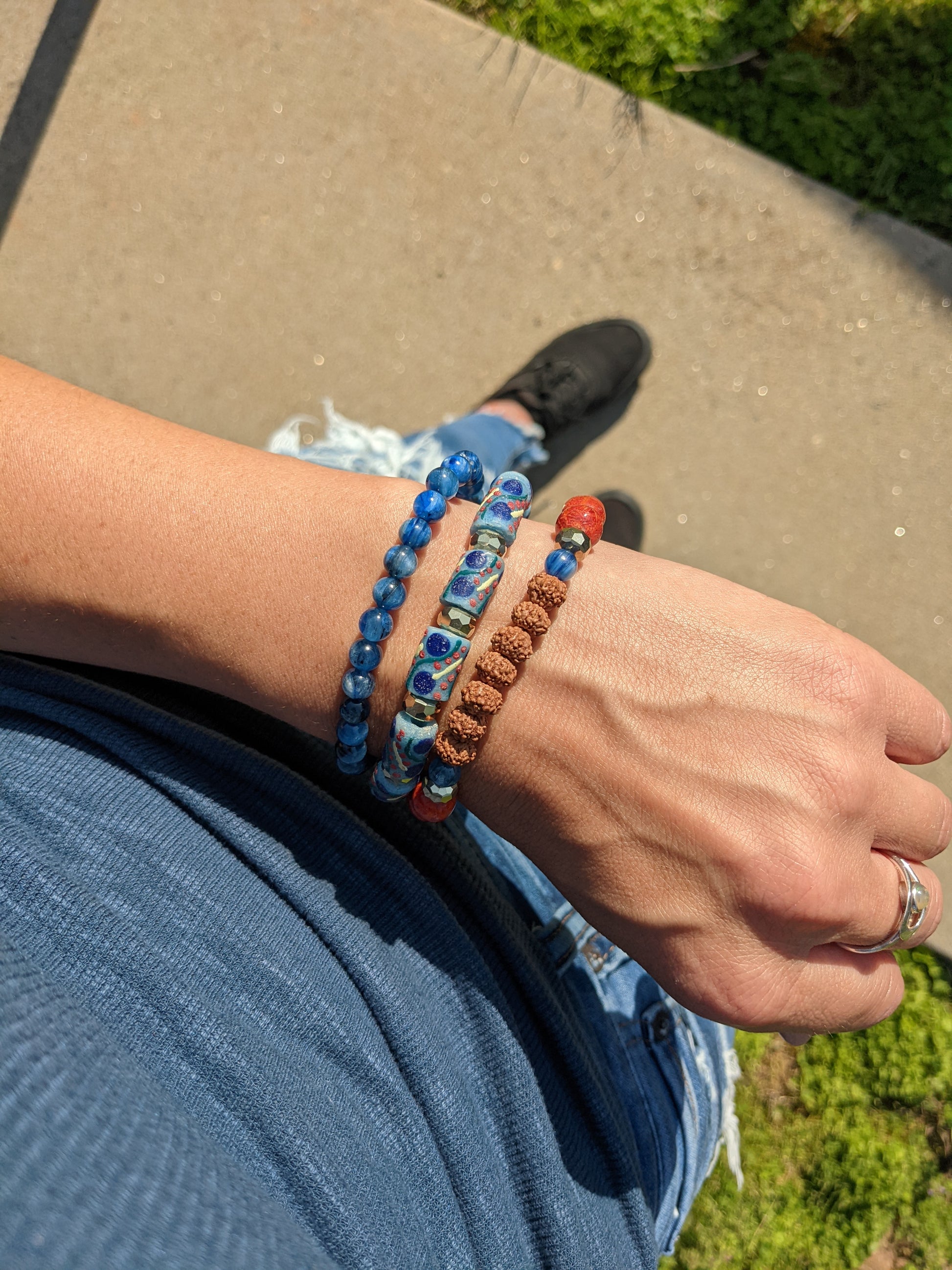 BLUE KYANITE AND AFRICAN GLASS BEAD STACK-Bracelets-JipsiJunk-JipsiJunk