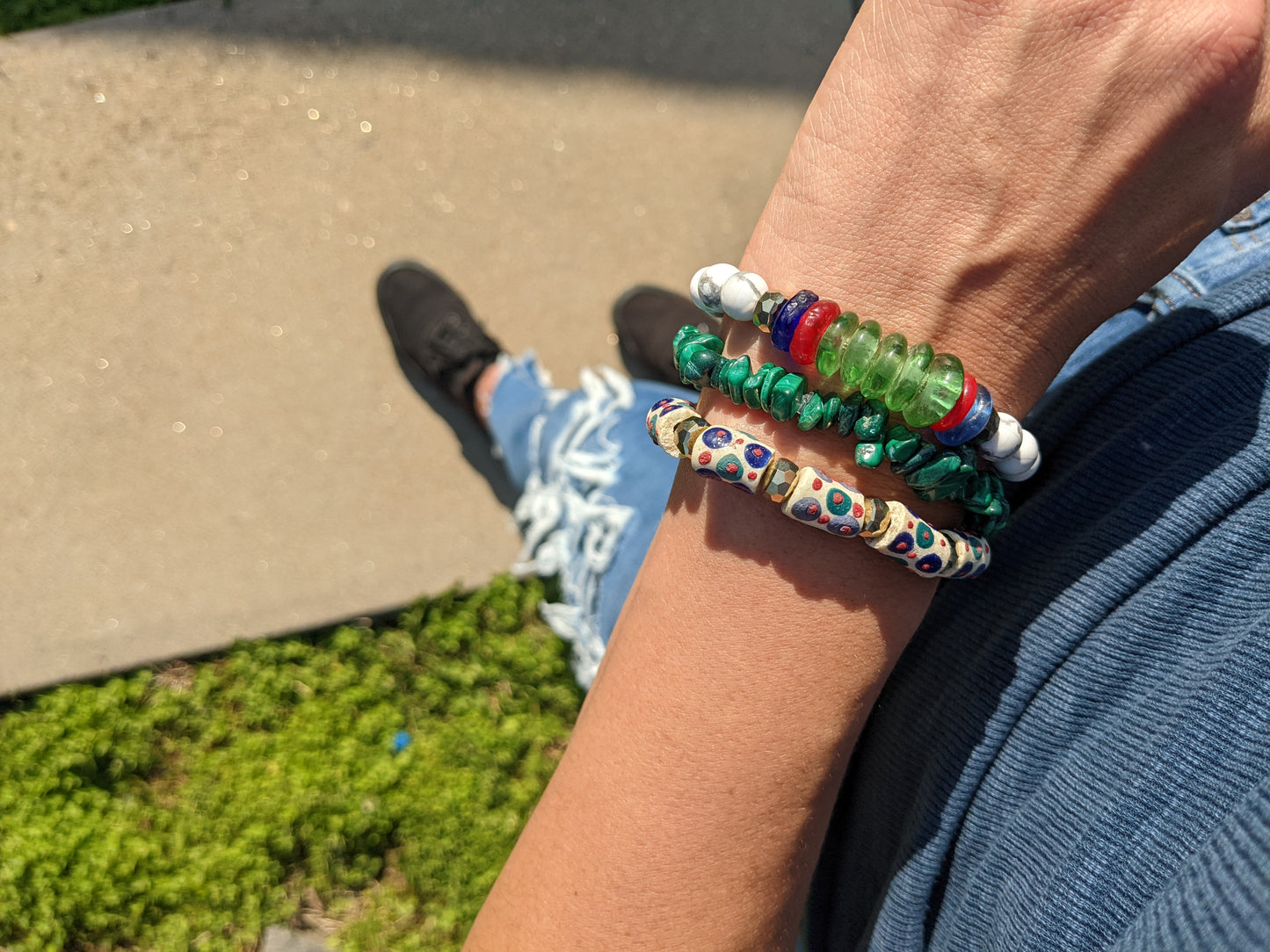 MALACHITE AND AFRICAN RECYCLED GLASS BRACELET STACK-Bracelets-JipsiJunk-JipsiJunk