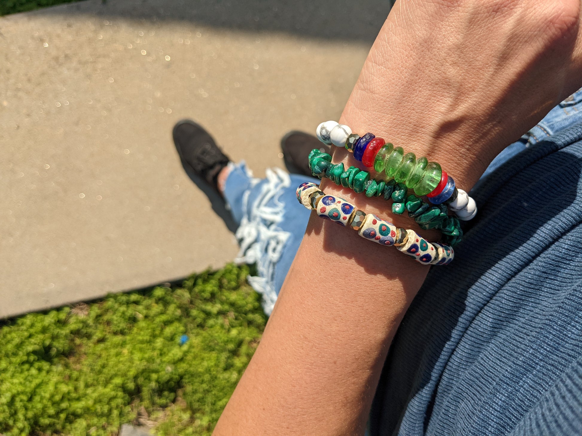 MALACHITE AND AFRICAN RECYCLED GLASS BRACELET STACK-Bracelets-JipsiJunk-JipsiJunk