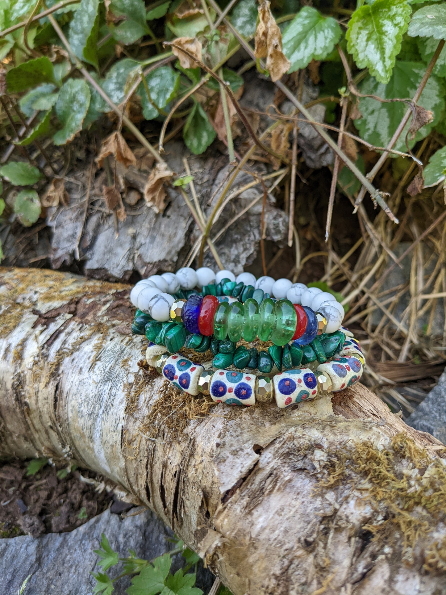 MALACHITE AND AFRICAN RECYCLED GLASS BRACELET STACK-Bracelets-JipsiJunk-JipsiJunk