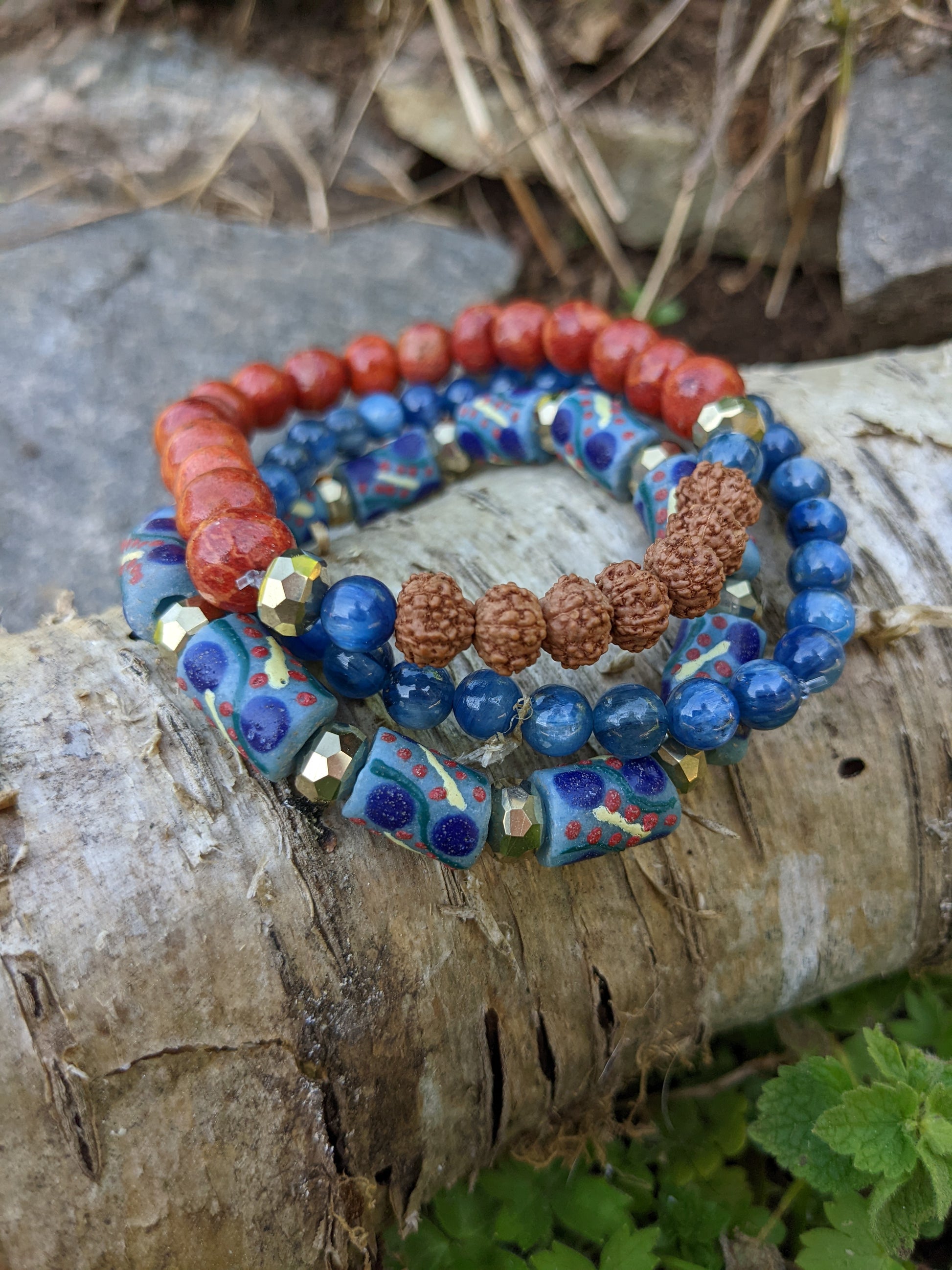 BLUE KYANITE AND AFRICAN GLASS BEAD STACK-Bracelets-JipsiJunk-JipsiJunk