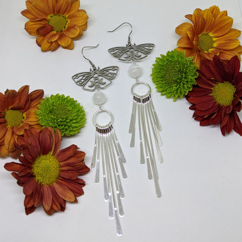 LUNA MOTH AND SELENITE DRAMATIC PADDLE DROP EARRINGS-Jipsi Junk-JipsiJunk