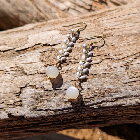 WHITE MOONSTONE FISHBONE EARRINGS-Jipsi Junk-JipsiJunk
