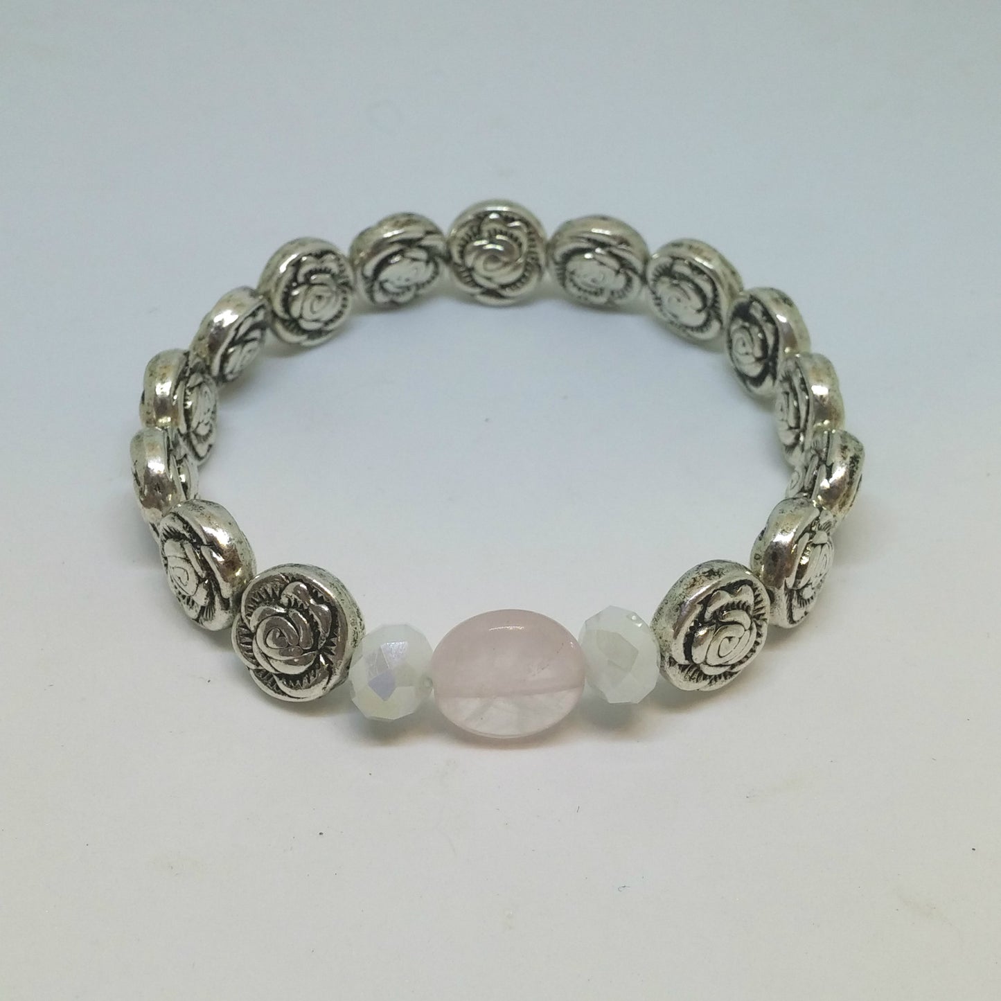 ROSE QUARTZ, CRYSTAL AND ETCHED ROSE COIN BRACELET-BRACELETS-JipsiJunk-JipsiJunk