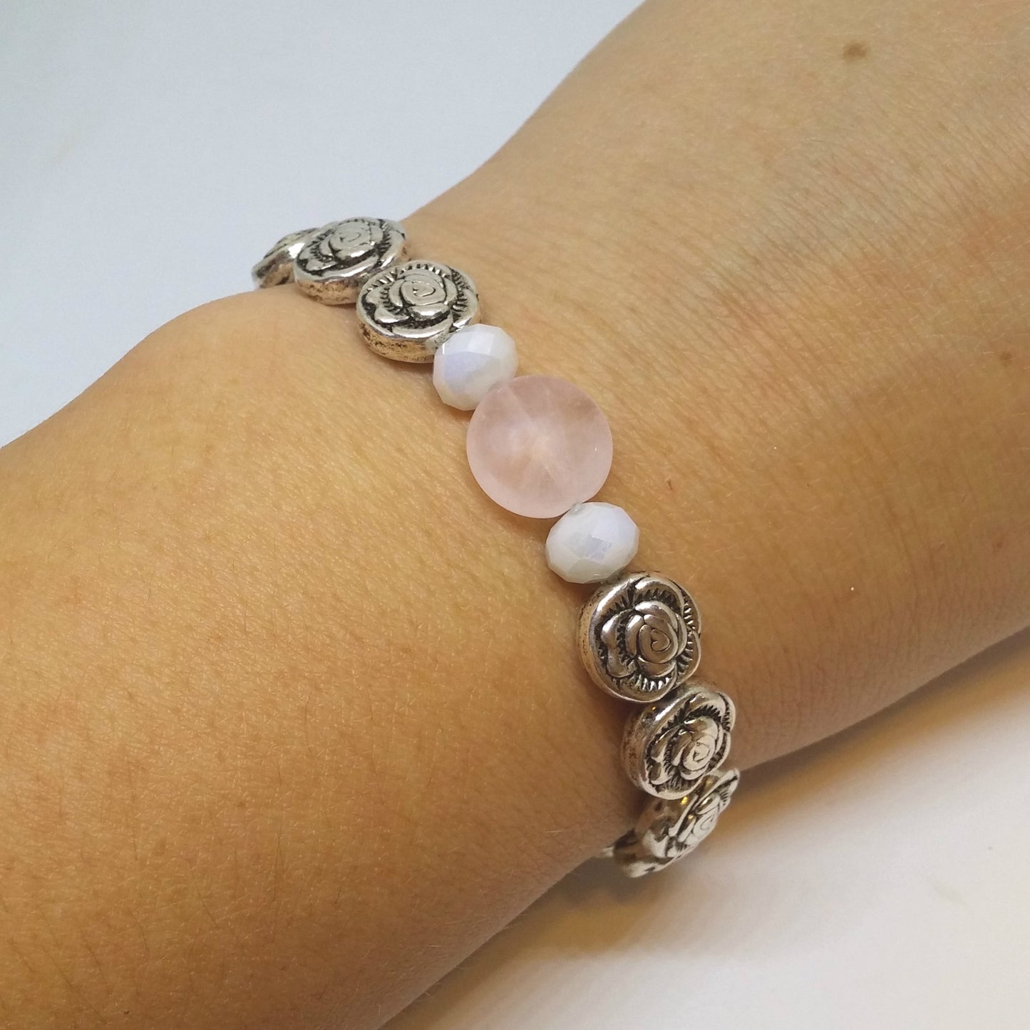 ROSE QUARTZ, CRYSTAL AND ETCHED ROSE COIN BRACELET-BRACELETS-JipsiJunk-JipsiJunk