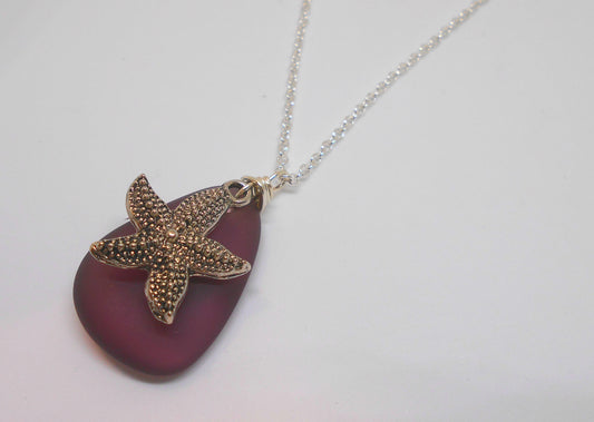 AMETHYST SEAGLASS AND STARFISH CHARM NECKLACE-NECKLACES-JipsiJunk-JipsiJunk