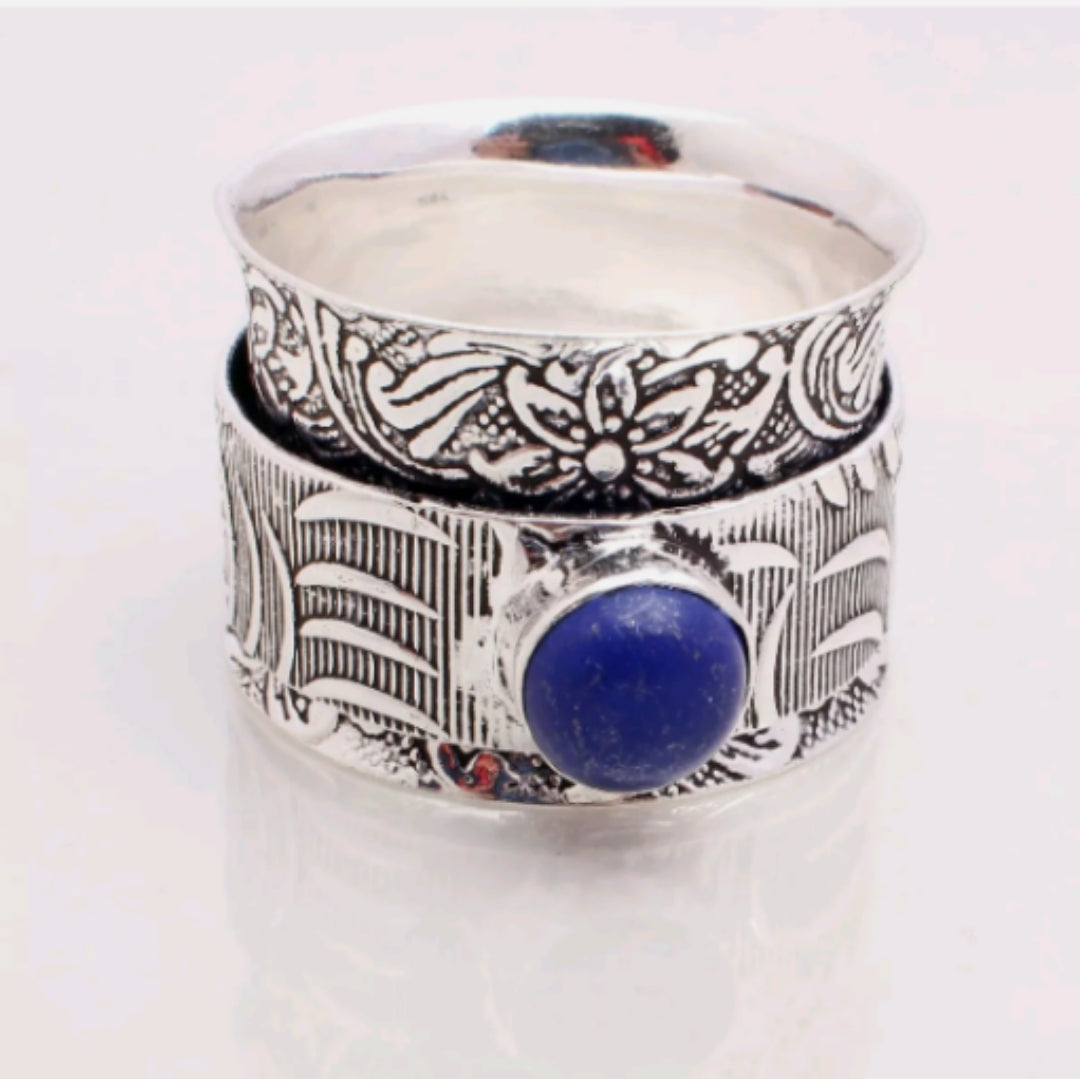 WIDE TEXTURED SPINNING WORRY RING WITH LAPIS LAZULI GEMSTONE IN STERLING SILVER-RINGS-Jipsi Junk-JipsiJunk