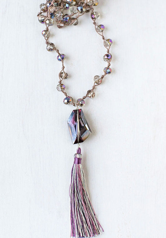 BEADED CROCHET CRYSTAL NECKLACE WITH AMETHYST TASSEL-NECKLACES-Jipsi Junk-JipsiJunk