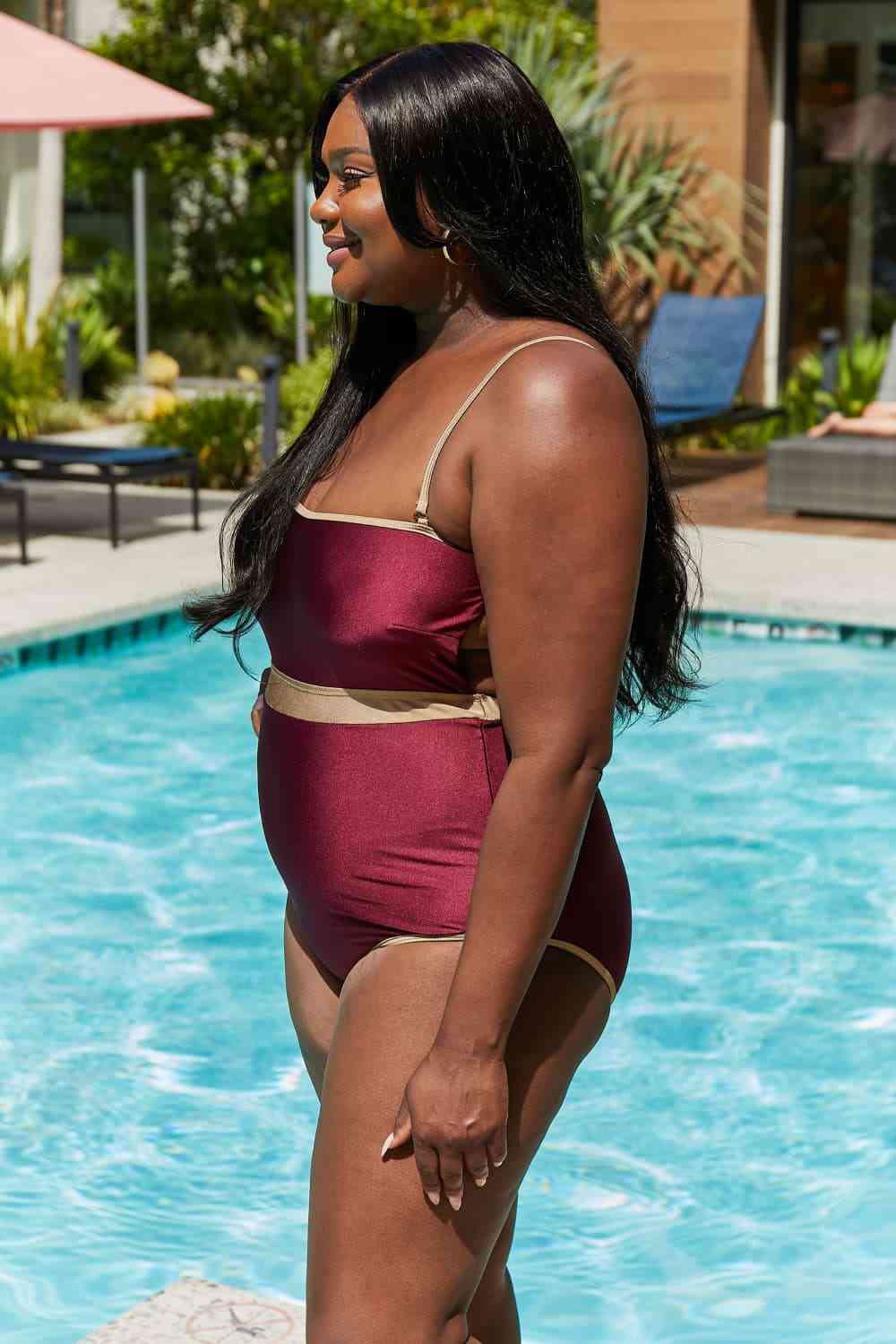 Marina West Swim Wave Break Contrast Trim One-Piece in Wine-Swimwear-Trendsi-JipsiJunk