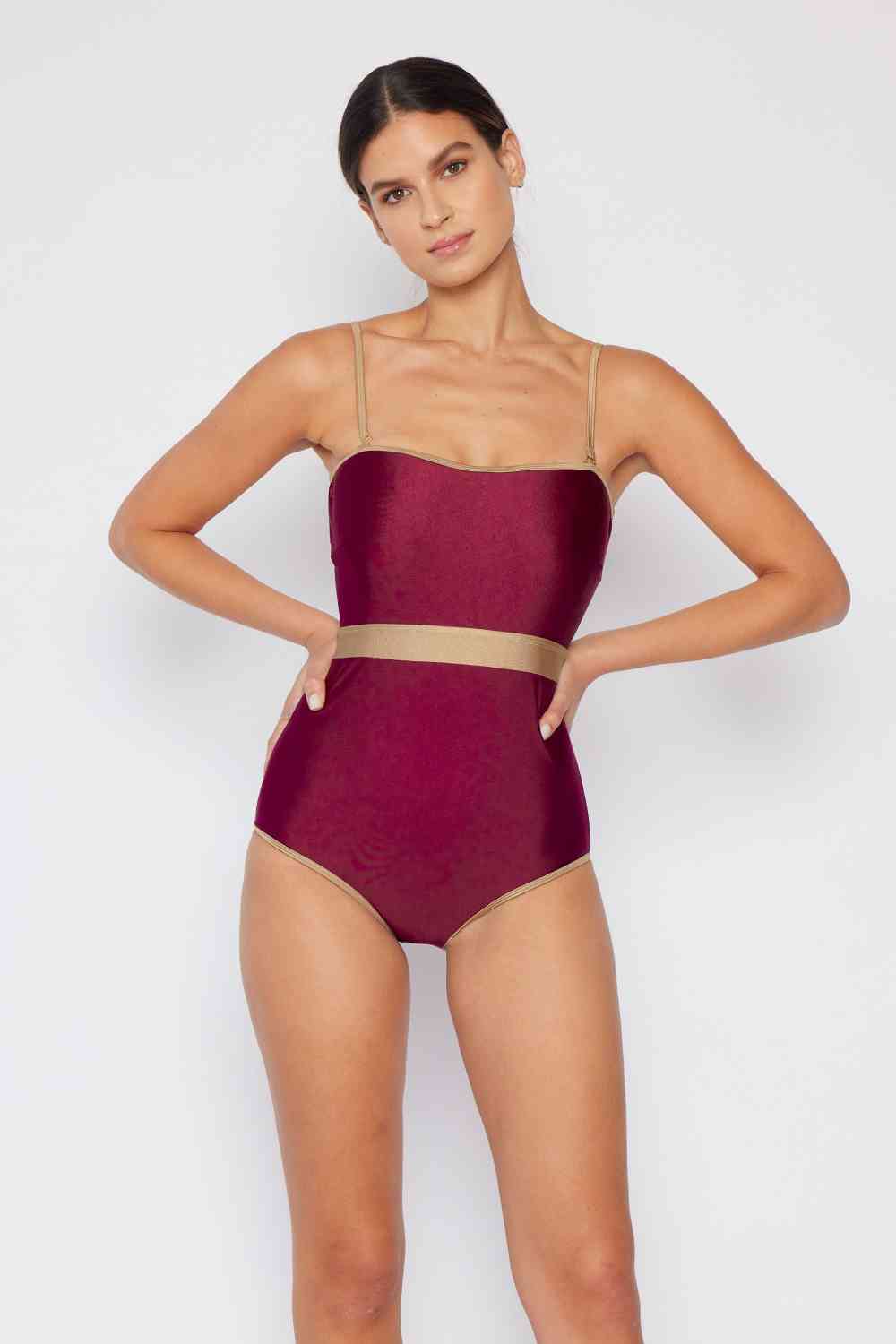 Marina West Swim Wave Break Contrast Trim One-Piece in Wine-Swimwear-Trendsi-JipsiJunk
