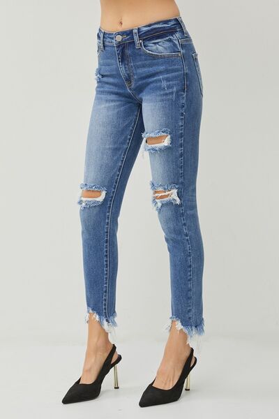RISEN Distressed Frayed Hem Slim Jeans-Trendsi-JipsiJunk