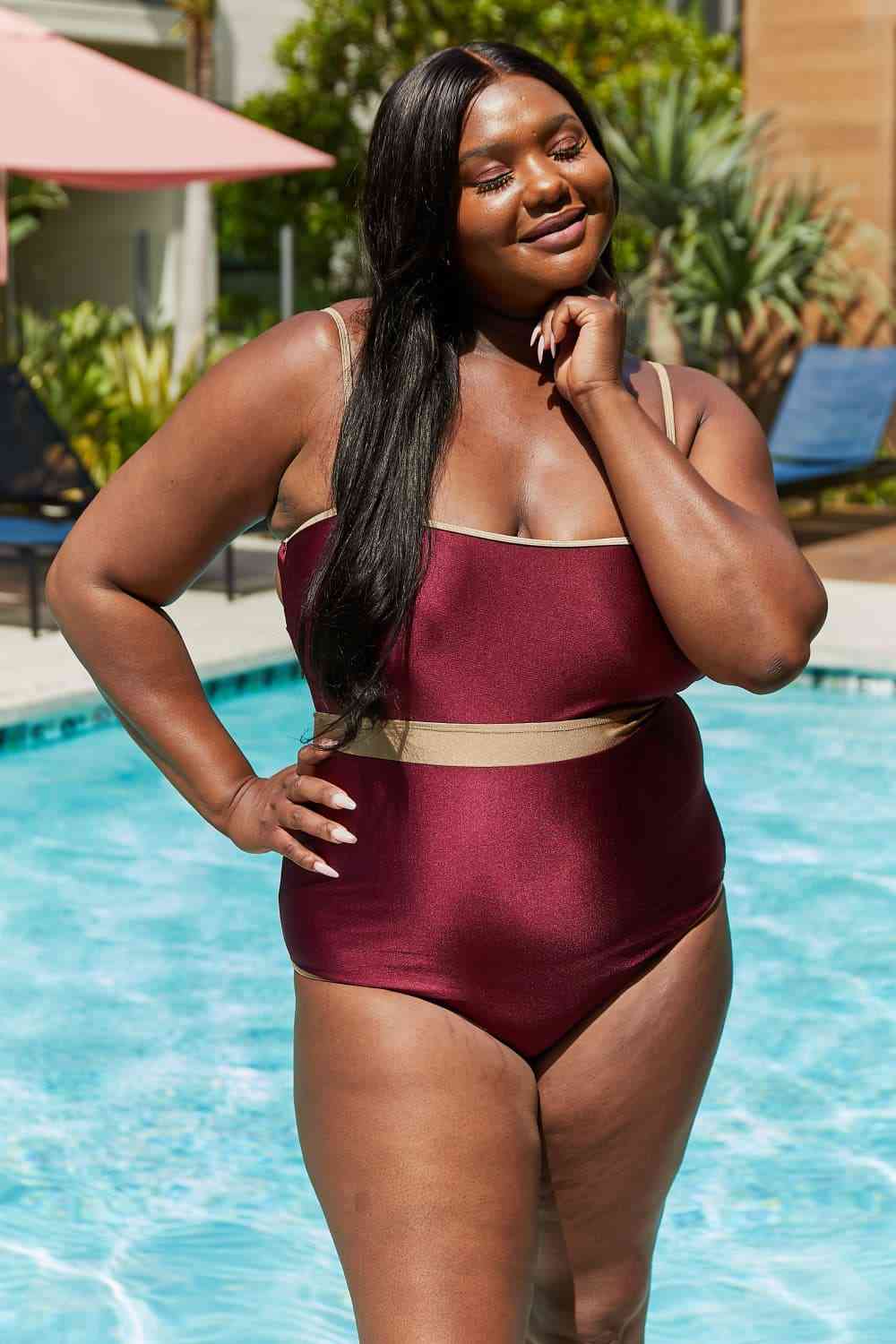 Marina West Swim Wave Break Contrast Trim One-Piece in Wine-Swimwear-Trendsi-JipsiJunk