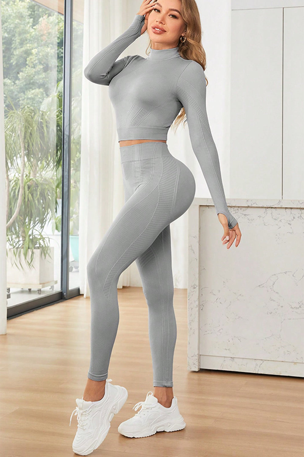 Mock Neck Long Sleeve Top and Leggings Active Set-active-Trendsi-JipsiJunk