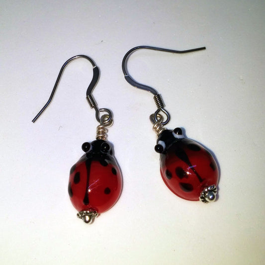 HAND BLOWN GLASS LADYBUG EARRINGS-EARRINGS-JipsiJunk-JipsiJunk