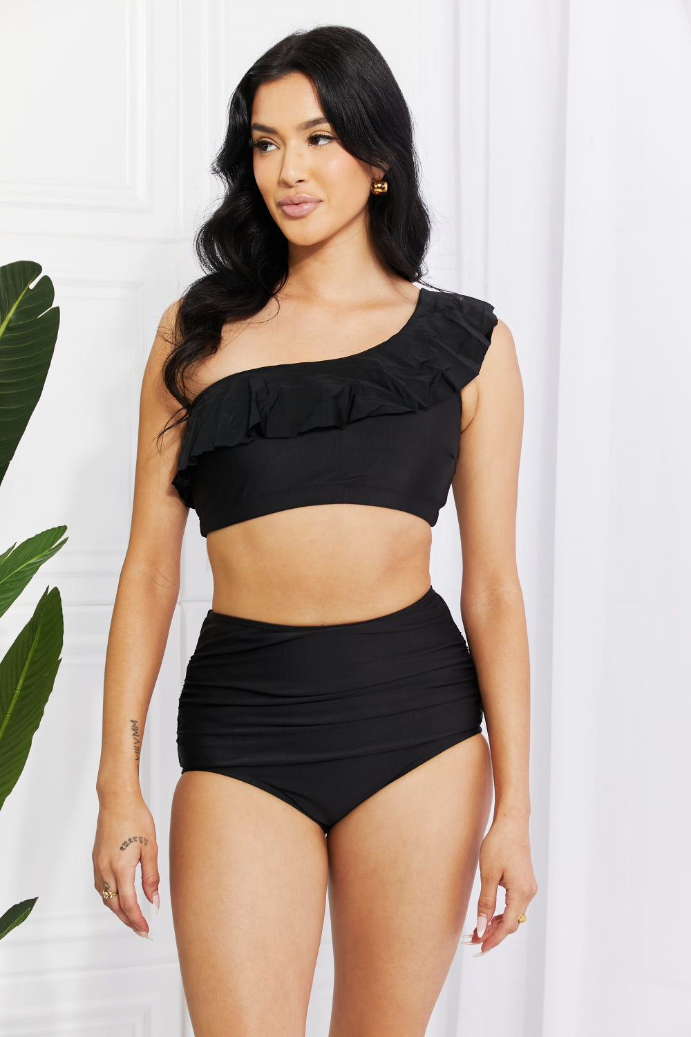 Marina West Swim Seaside Romance Ruffle One-Shoulder Bikini in Black-Swimwear-Trendsi-JipsiJunk