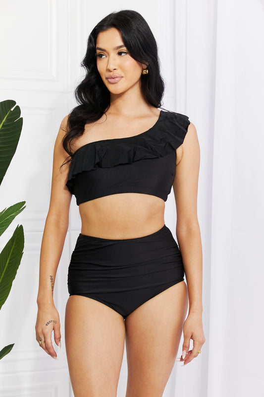Marina West Swim Seaside Romance Ruffle One-Shoulder Bikini in Black-Swimwear-Trendsi-JipsiJunk