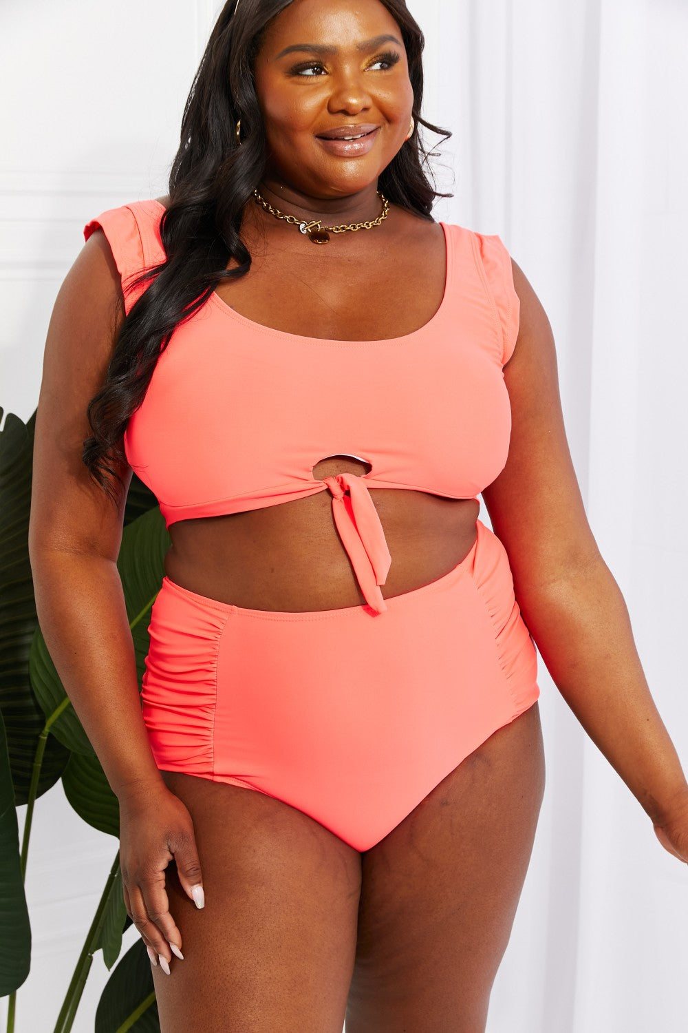 Marina West Swim Sanibel Crop Swim Top and Ruched Bottoms Set in Coral-Swimwear-Trendsi-JipsiJunk