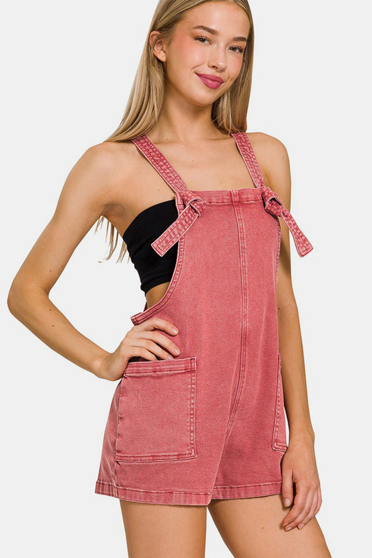 Zenana Washed Knot Strap Rompers-bottoms-Trendsi-JipsiJunk
