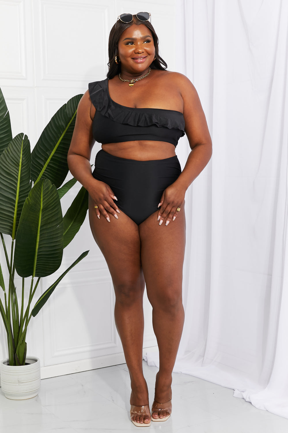 Marina West Swim Seaside Romance Ruffle One-Shoulder Bikini in Black-Swimwear-Trendsi-JipsiJunk