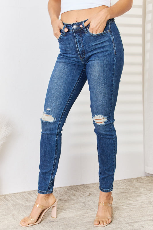 Judy Blue Full Size High Waist Distressed Slim Jeans-Bottoms-Trendsi-JipsiJunk