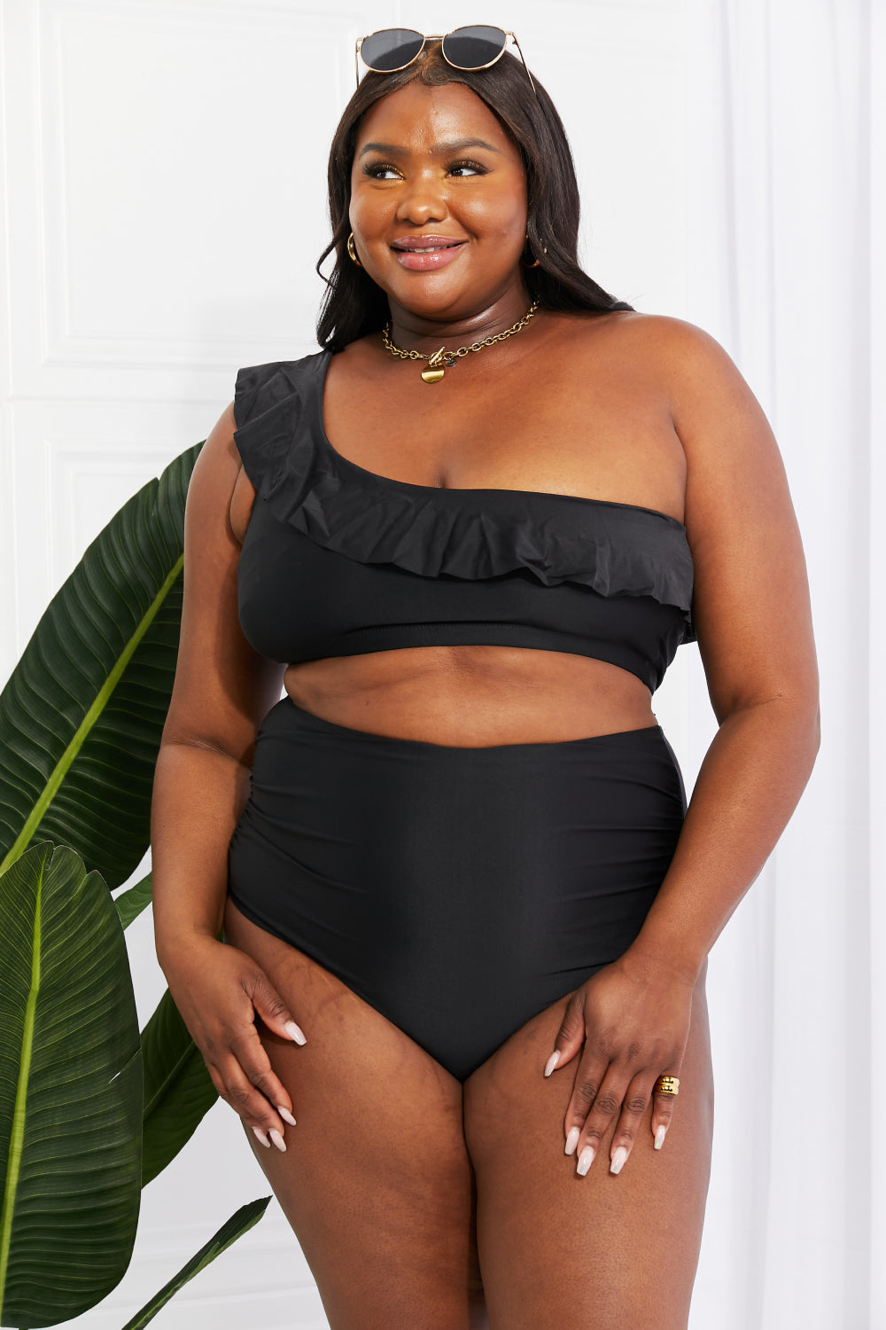 Marina West Swim Seaside Romance Ruffle One-Shoulder Bikini in Black-Swimwear-Trendsi-JipsiJunk