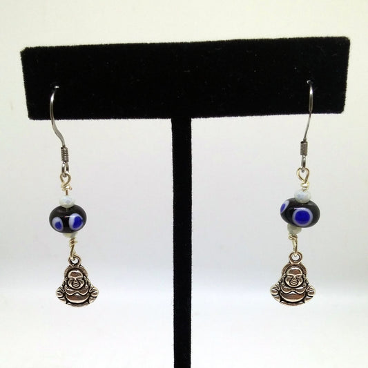 CZECH GLASS EVIL EYE AND BUDDHA CHARM EARRINGS-EARRINGS-JipsiJunk-JipsiJunk