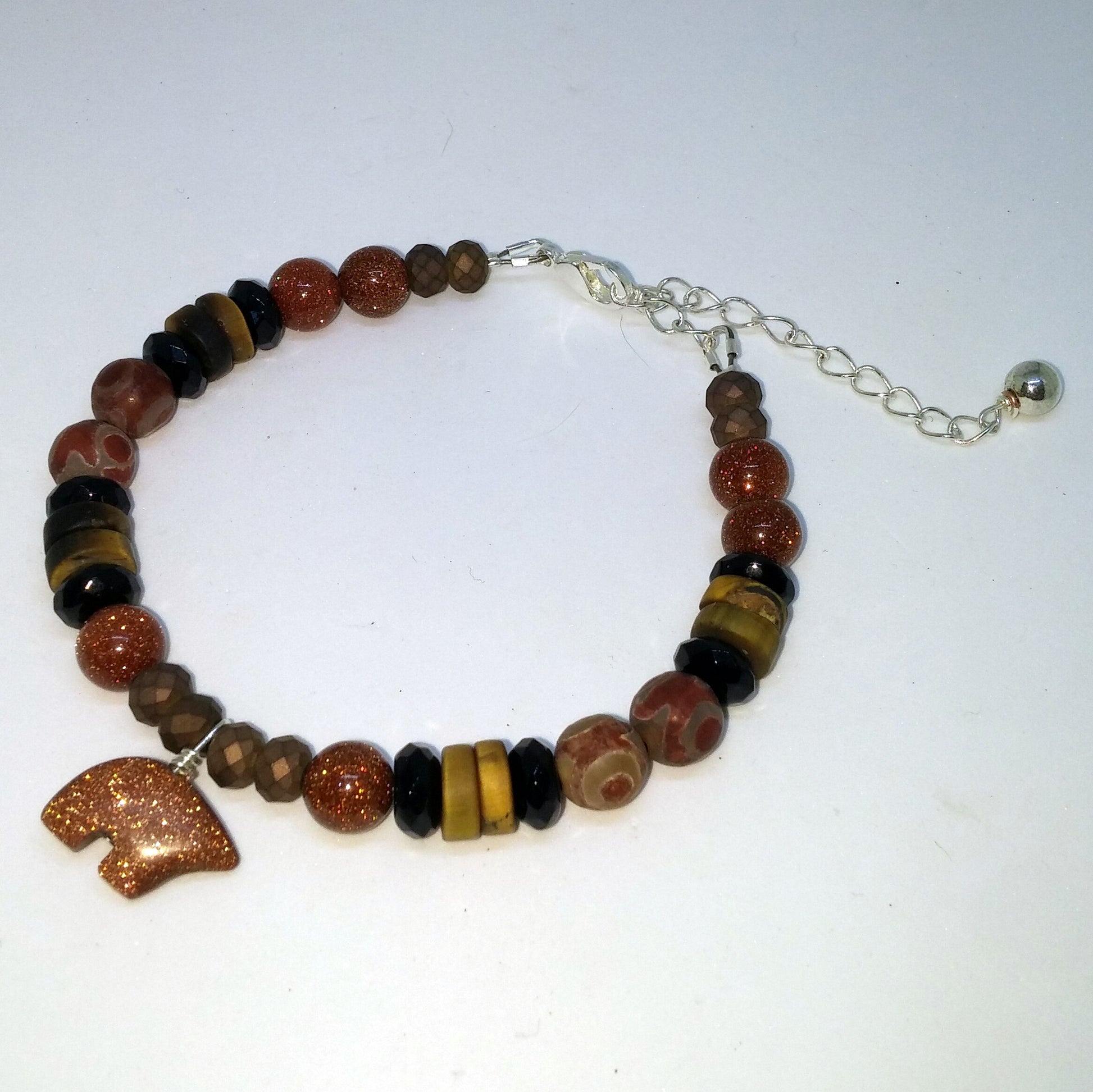 ZUNI FETISH BEAR ONYX, AGATE, TIGEREYE AND GOLDSTONE ADJUSTABLE CHARM BRACELET-BRACELETS-JipsiJunk-JipsiJunk