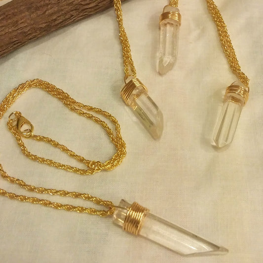 CLEAR CRYSTAL QUARTZ AND GOLD REIKI NECKLACE-NECKLACES-JipsiJunk-JipsiJunk