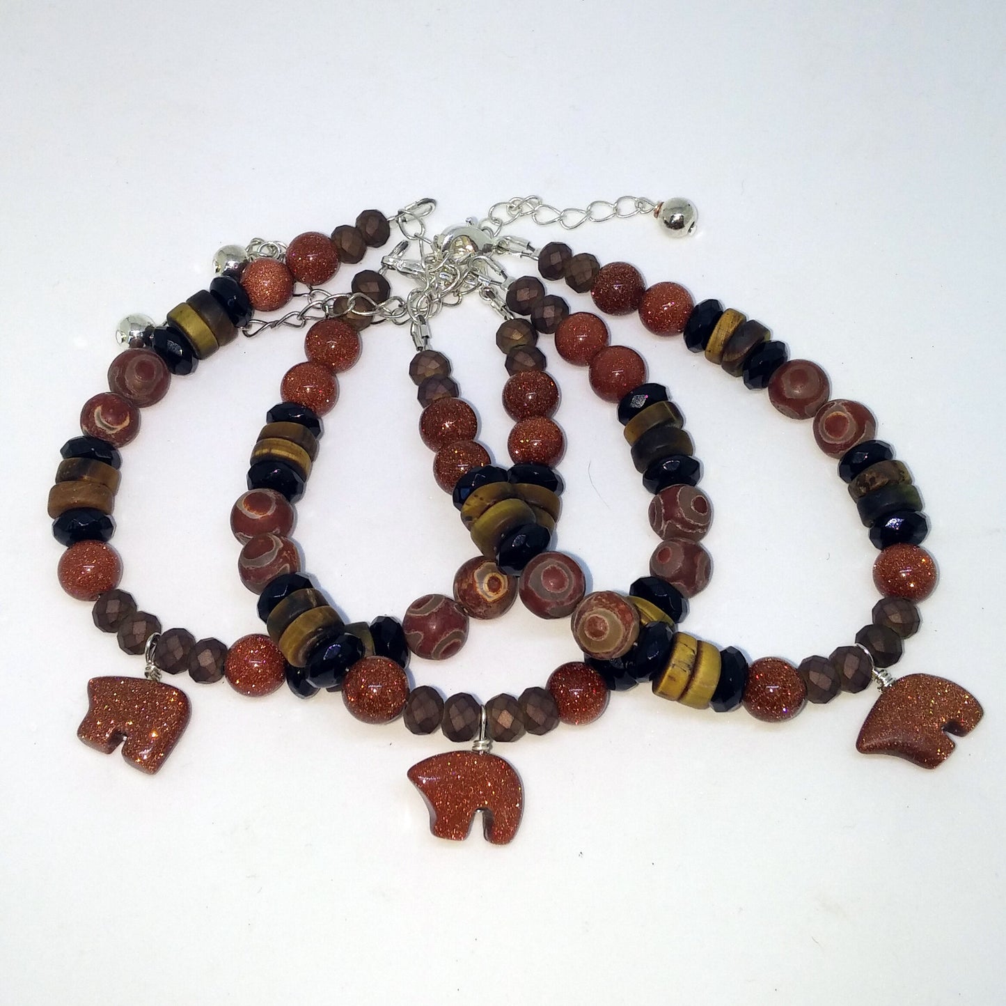 ZUNI FETISH BEAR ONYX, AGATE, TIGEREYE AND GOLDSTONE ADJUSTABLE CHARM BRACELET-BRACELETS-JipsiJunk-JipsiJunk