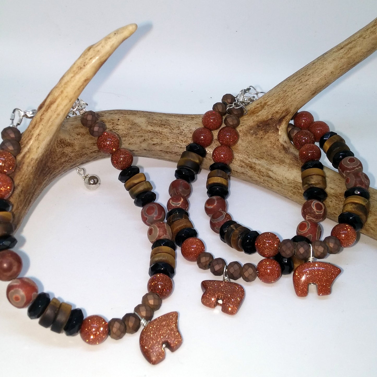 ZUNI FETISH BEAR ONYX, AGATE, TIGEREYE AND GOLDSTONE ADJUSTABLE CHARM BRACELET-BRACELETS-JipsiJunk-JipsiJunk