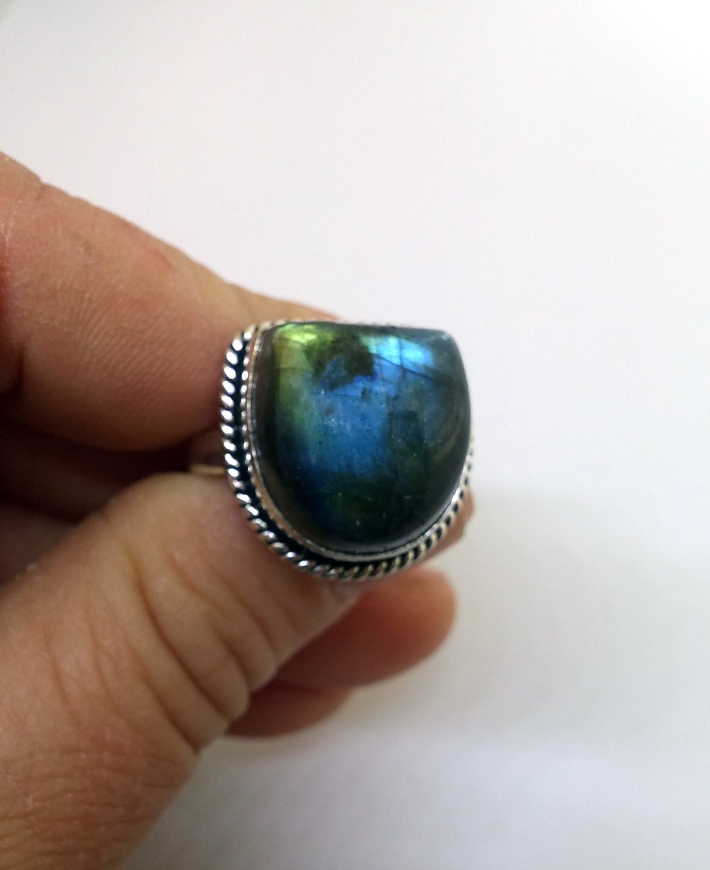 FREE FORM HORSESHOE LABRADORITE GEMSTONE RING IN STERLING SILVER-RINGS-JipsiJunk-JipsiJunk