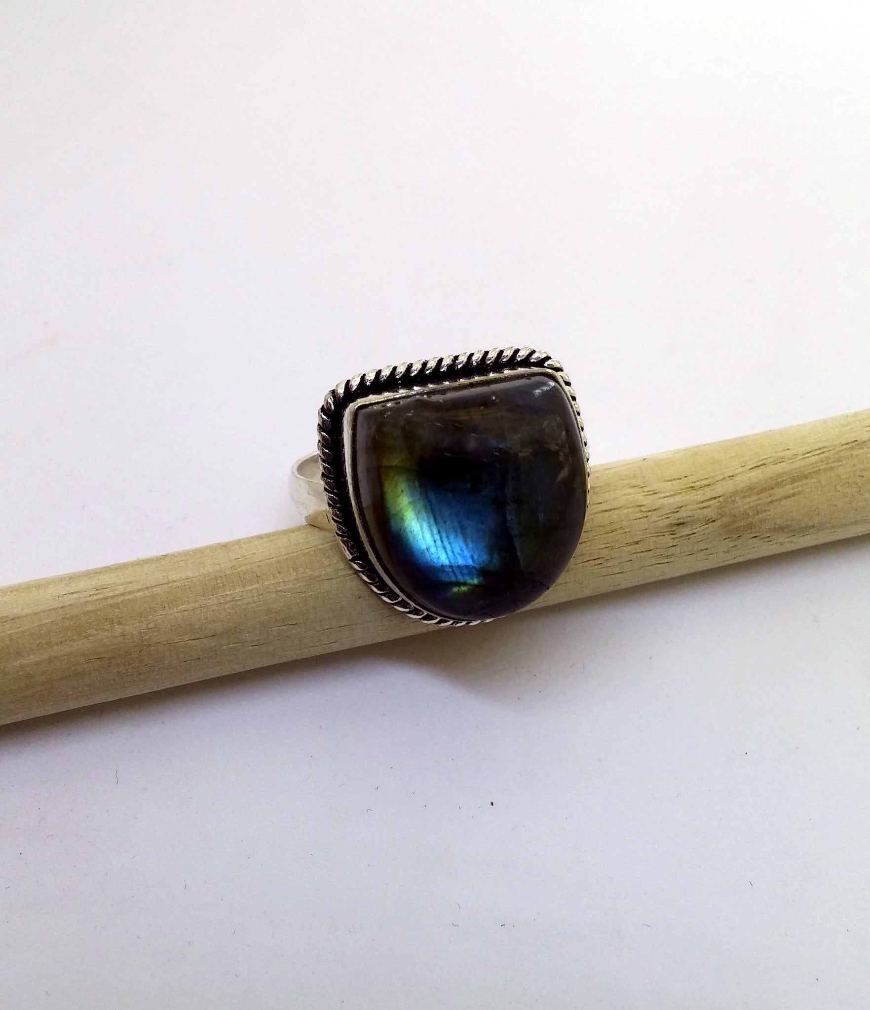 FREE FORM HORSESHOE LABRADORITE GEMSTONE RING IN STERLING SILVER-RINGS-JipsiJunk-JipsiJunk