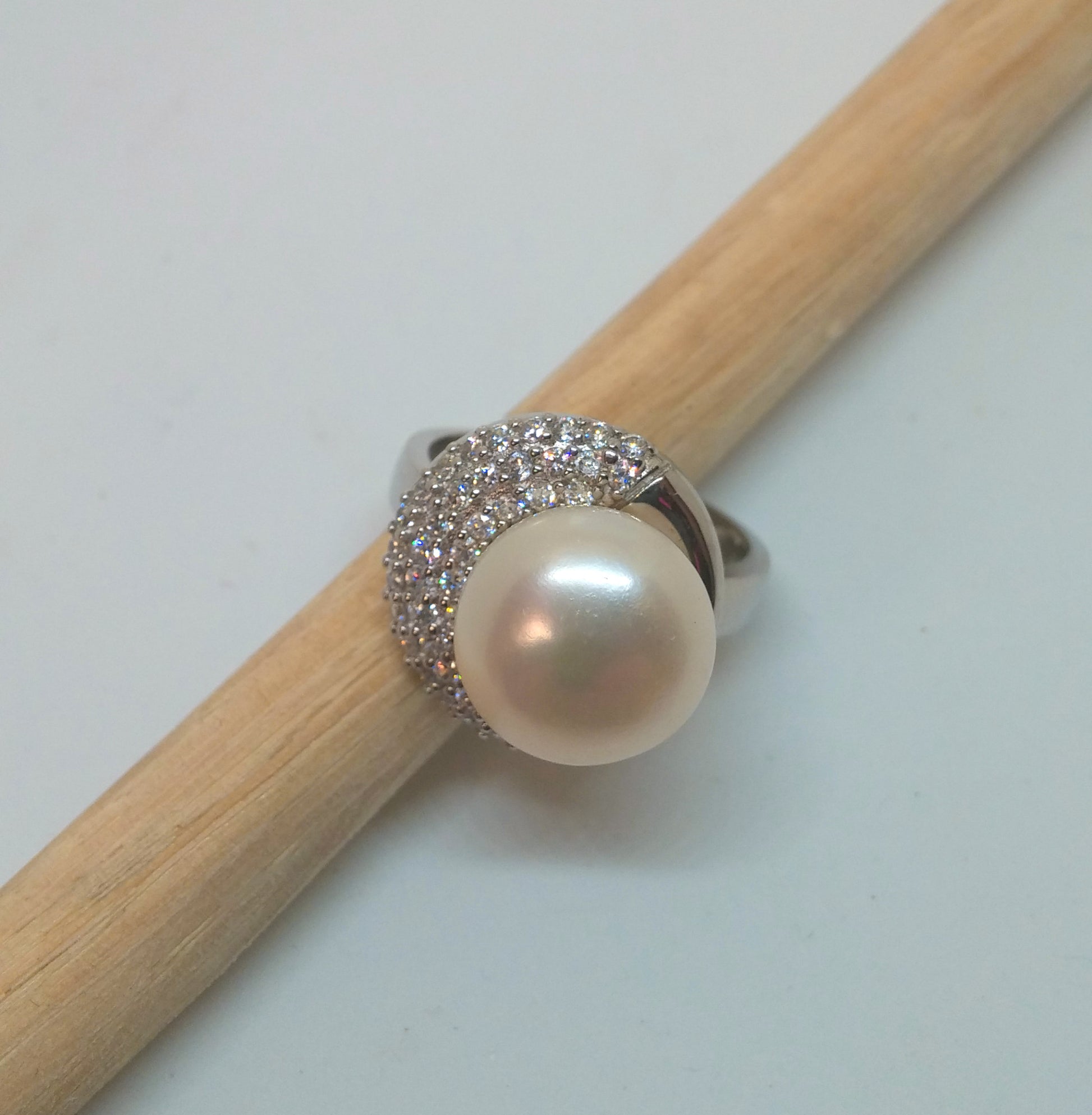 NATURAL FRESHWATER PEARL AND CUBIC ZIRCONIA COCKTAIL RING IN STERLING SILVER-RINGS-JipsiJunk-JipsiJunk