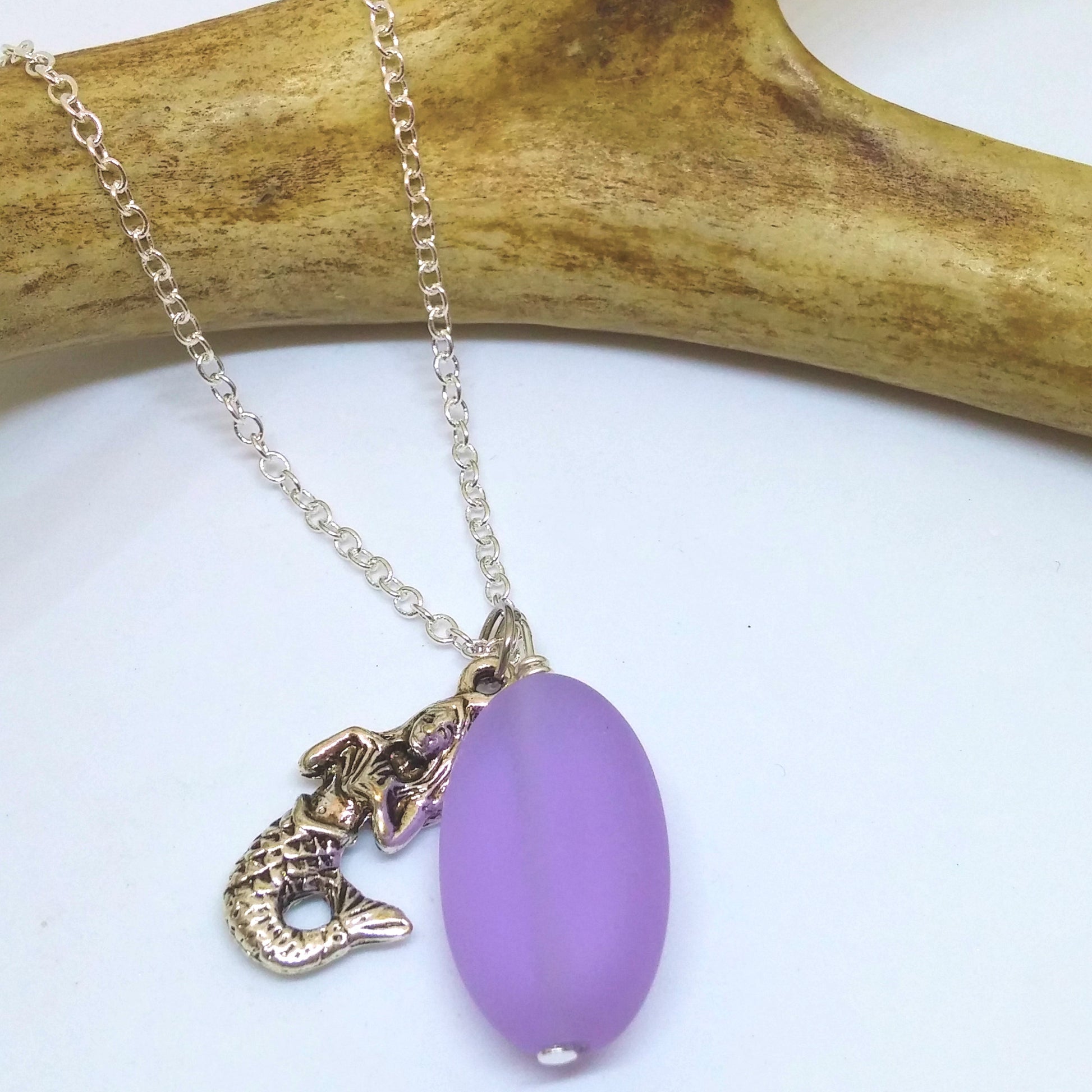 PERIWINKLE SEAGLASS AND MERMAID CHARM NECKLACE-NECKLACES-JipsiJunk-JipsiJunk