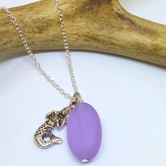 PERIWINKLE SEAGLASS AND MERMAID CHARM NECKLACE-NECKLACES-JipsiJunk-JipsiJunk